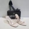 15 X MIXED MISSGUIDED WOMENS SHOES CONTAINING MID ILLUSION HEEL SANDAL IN CLEAR , SQUARE TOE PATENT HEELED SANDAL I IN BLACK , POINTED TOE PATENT BARELY THERE IN NUDE ALL IN SIZE 8 (NOTE - SOME HAVE SECURITY TAGS)