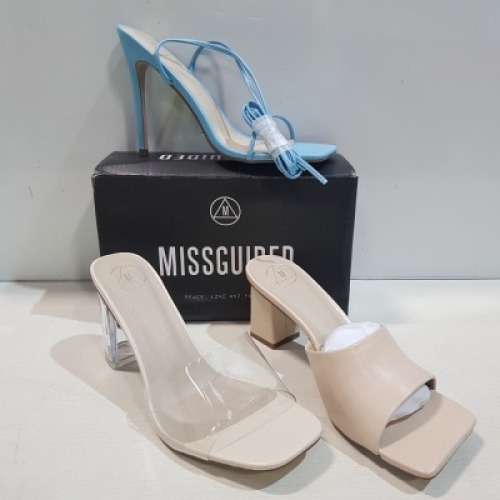 15 X MIXED MISSGUIDED WOMENS SHOES CONTAINING MID HEEL BLOCK BARELY THERE IN SAND , POINTED TOE PERSPEX STILETTO IN NUDE , BASIC BARELY THERE IN BLACK , WIDE FIT MID CLEAR BLOCK HEEL IN NUDE ETC ALL IN SIZE 8 (NOTE - SOME HAVE SECURITY TAGS)