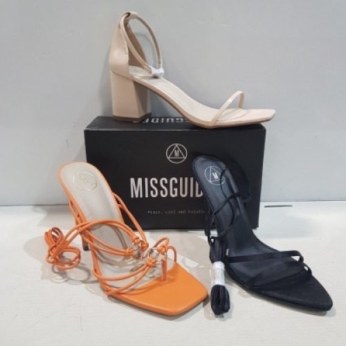 15 X MIXED MISSGUIDED WOMENS SHOES CONTAINING POINTED TOE LACE UP BARELY THERE SATIN IN BLACK , STRAPPY RING DETAIL HEELED SANDAL IN ORANGE , SQUARE TOE BLOCK HEEL MULE SANDAL IN BLACK , BLOCK HEEL TIE UP HEELED SANDAL IN BLACK ETC ALL IN SIZE 8 (NOTE - S