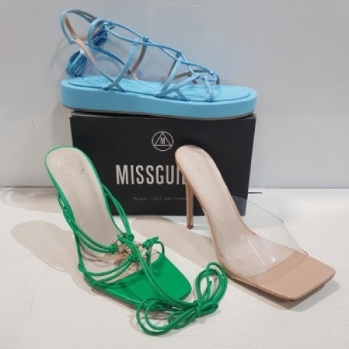 15 X MIXED MISSGUIDED WOMENS SHOES CONTAINING WF SQUARE TOE BLOCK HEEL MULE SANDAL IN SAND , STRAPPY RING DETAIL HEELED SANDAL IN WHITE , CHUNKY FLATFORM GLADIATOR SANDAL IN BLUE , SQUARE TOE PERSPEX HIGH HEEL MULES IN SAND ETC ALL IN SIZE 8 (NOTE - SOME 