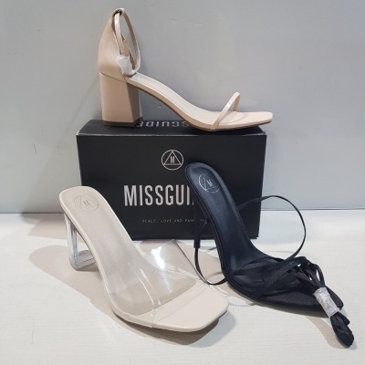 15 X MIXED MISSGUIDED WOMENS SHOES CONTAINING WIDE FIT MID CLEAR HEEL BLOCK IN NUDE , BASIC BARELY THERE IN BLACK , BLOCK HEEL TIE UP HEELED SANDAL IN BLACK , POINTED TOE LACE UP BARELY THERE SATIN ETC ALL IN SIZE 8 (NOTE - SOME HAVE SECURITY TAGS)