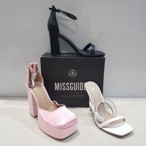 15 X MIXED MISSGUIDED WOMENS SHOES CONTAINING WF BARELY THERE SQUARE TO HIGH HEELS IN WHITE , WIDE FIT HIGH HEEL BLOCK BARELY THERE IN BLACK , BLOCK HEEL TIE UP SANDALS IN BLACK , MID HEEL BLOCK BARELY THERE IN SAND ETC ALL IN SIZE 7 (NOTE - SOME HAVE SEC