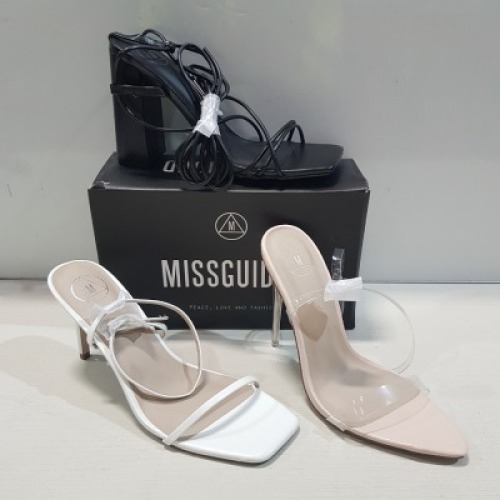 15 X MIXED MISSGUIDED WOMENS SHOES CONTAINING BLOCK HEEL TIE UP SANDALS IN BLACK , BARELY THERE LOW HEEL SANDALS IN WHITE , POINTED TOE PERSPEX STILETTO IN NUDE , SQUARE TOE TIE UP HEELED SANDALS IN ORANGE ETC ALL IN SIZE 7 (NOTE - SOME HAVE SECURITY TAGS