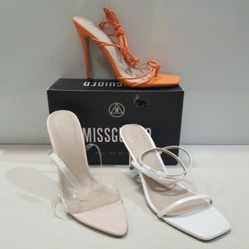 15 X MIXED MISSGUIDED WOMENS SHOES CONTAINING STRAPPY RING DETAIL HEELED SANDAL IN ORANGE , POINTED TOE PERSPEX STILETTO IN NUDE , BARELY THERE LOW HEEL SANDAL IN WHITE , BLOCK HEEL TIE UP SANDALS IN BLACK ETC ALL IN SIZE 7 (NOTE - SOME HAVE SECURITY TAGS