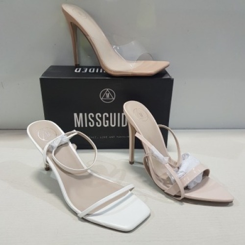 15 X MIXED MISSGUIDED WOMENS SHOES CONTAINING BARELY THERE LOW HEEL SANDAL IN WHITE , POINTED TOE PATENT BARELY THERE IN NUDE , SQUARE TOE PERSPEX HIGH HEEL MULES IN SAND ALL IN SIZE 7 (NOTE - SOME HAVE SECURITY TAGS)