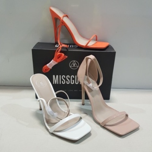 15 X MIXED MISSGUIDED WOMENS SHOES CONTAINING SQUARE TOE PATENT HEELED SANDAL IN SAND , WF BARELY THERE SQUARE TOE HIGH HEEL IN WHITE , POINTED TOE PERSPEX STILETTO IN NUDE ETC ALL IN SIZE 7 (NOTE - SOME HAVE SECURITY TAGS)