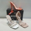 15 X MIXED MISSGUIDED WOMENS SHOES CONTAINING SQUARE TOE PATENT HEELED SANDAL IN SAND , WF BARELY THERE SQUARE TOE HIGH HEEL IN WHITE , POINTED TOE PERSPEX STILETTO IN NUDE ETC ALL IN SIZE 7 (NOTE - SOME HAVE SECURITY TAGS)