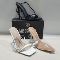 15 X MIXED MISSGUIDED WOMENS SHOES CONTAINING STRAPPY RING DETAIL HEELED SANDALS IN ORANGE , SQUARE TOE PATENT HEELED SANDAL IN BLACK , PERSPEX COURT SHOE IN CLEAR , POINTED TOE LACE UP BARELY THERE SATIN IN BLACK ETC ALL IN SIZE 7 (NOTE - SOME HAVE SECUR