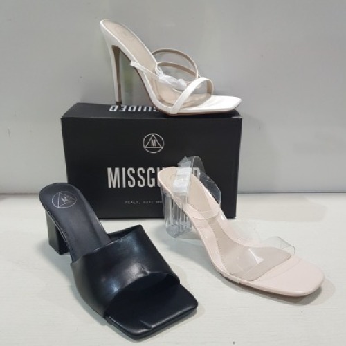 15 X MIXED MISSGUIDED WOMENS SHOES CONTAINING BARELY THERE LOW HEEL SANDAL IN WHITE , MID CLEAR HEEL BLOCK IN NUDE , SQUARE TOE BLOCK HEEL MULE SANDAL IN BLACK , CHUNKY FLATFORM GLADIATOR SANDAL IN BLACK ETC ALL IN SIZE 7 (NOTE - SOME HAVE SECURITY TAGS)