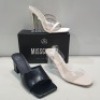 15 X MIXED MISSGUIDED WOMENS SHOES CONTAINING BARELY THERE LOW HEEL SANDAL IN WHITE , MID CLEAR HEEL BLOCK IN NUDE , SQUARE TOE BLOCK HEEL MULE SANDAL IN BLACK , CHUNKY FLATFORM GLADIATOR SANDAL IN BLACK ETC ALL IN SIZE 7 (NOTE - SOME HAVE SECURITY TAGS)
