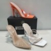 15 X MIXED MISSGUIDED WOMENS SHOES CONTAINING SQUARE TOE TIE UP HEELED SANDAL IN ORANGE , WF BARELY THERE SQUARE TOE HIGH HEEL IN WHITE , PERSPEX COURT SHOE IN CLEAR , WF HIGH HEEL BLOCK BARELY THERE SANDAL IN SAND ETC ALL IN SIZE 7 (NOTE - SOME HAVE SEC