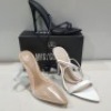 15 X MIXED MISSGUIDED WOMENS SHOES CONTAINING POINTED TOE LACE UP BARELY THERE SATIN IN BLACK , WIDE FIT HIGH HEEL BLOCK BARELY THERE IN BLACK , PERSPEX COURT SHOE IN CLEAR , PATENT POINTED TOE HEELED SANDAL IN WHITE ETC ALL IN SIZE 7 (NOTE - SOME HAVE SE