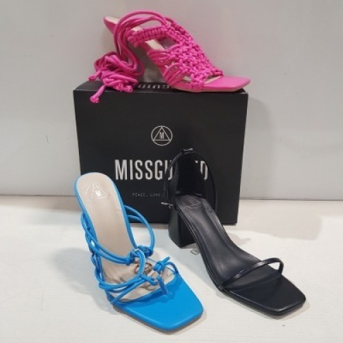 15 X MIXED MISSGUIDED WOMENS SHOES CONTAINING MID HEEL BLOCK BARELY THERE FAUX LEATHER IN BLACK , SQUARE TOE PATENT HEELED SANDAL IN BLACK , POINTED TOE PERSPEX STILETTO IN NUDE , BLOCK HEEL TIE UP HEELED SANDAL IN CREAM ETC ALL IN SIZE 6 (NOTE - SOME HAV