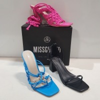 15 X MIXED MISSGUIDED WOMENS SHOES CONTAINING MID HEEL BLOCK BARELY THERE FAUX LEATHER IN BLACK , SQUARE TOE PATENT HEELED SANDAL IN BLACK , POINTED TOE PERSPEX STILETTO IN NUDE , BLOCK HEEL TIE UP HEELED SANDAL IN CREAM ETC ALL IN SIZE 6 (NOTE - SOME HAV