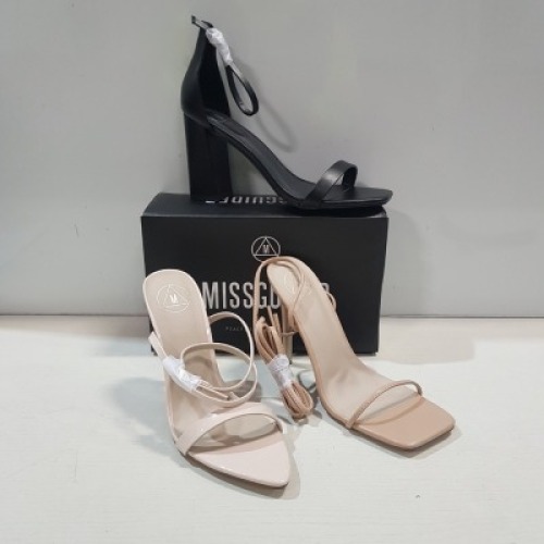 15 X MIXED MISSGUIDED WOMENS SHOES CONTAINING ENTRY BLOCK HEELED SANDAL IN BLACK , POINTED TOE PATENT BARELY THERE IN NUDE , SQUARE TOE HIGH HEEL TIE UP SANDAL IN SAND ETC ALL IN SIZE 6 (NOTE - SOME HAVE SECURITY TAGS)