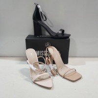 15 X MIXED MISSGUIDED WOMENS SHOES CONTAINING ENTRY BLOCK HEELED SANDAL IN BLACK , POINTED TOE PATENT BARELY THERE IN NUDE , SQUARE TOE HIGH HEEL TIE UP SANDAL IN SAND ETC ALL IN SIZE 6 (NOTE - SOME HAVE SECURITY TAGS)