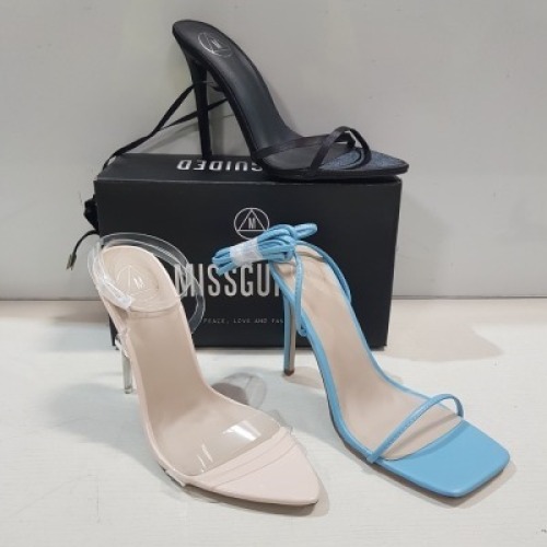 15 X MIXED MISSGUIDED WOMENS SHOES CONTAINING WF SATIN POINTED LACE UP BARELY THERE IN BLACK , POINTED TOE PERSPEX STILETTO IN NUDE , POINTED TOE PATENT BARELY THERE IN NUDE ETC ALL IN SIZE 6 (NOTE - SOME HAVE SECURITY TAGS)