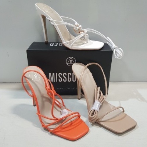 15 X MIXED MISSGUIDED WOMENS SHOES CONTAINING WF MID ILLUSION HEEL CLEAR SANDAL IN NUDE , ASSYM STRAPPY HEELED SANDAL IN ORANGE , STRAPPY RING DETAIL HEELED SANDAL IN WHITE , SQUARE TOE PATENT HEELED SANDAL IN SAND ETC ALL IN SIZE 6 (NOTE - SOME HAVE SECU