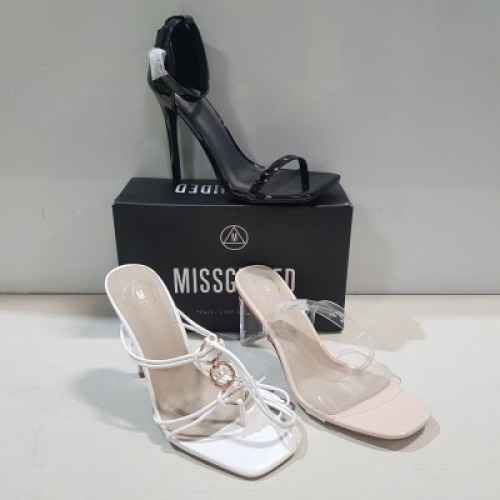 15 X MIXED MISSGUIDED WOMENS SHOES CONTAINING SQUARE TOE PATENT HEELED SANDAL IN BLACK , WF MID ILLUSION HEEL CLEAR SANDAL IN NUDE , POINTED TOE PERSPEX STILETTO IN NUDE , STRAPPY RING DETAIL HEELED SANDAL IN WHITE ETC ALL IN SIZE 6 (NOTE - SOME HAVE SECU