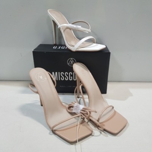 15 X MIXED MISSGUIDED WOMENS SHOES CONTAINING POINTED TOE PERSPEX STILETTO IN NUDE , BLOCK HEEL TIE UP HEELED SANDAL IN CREAM , SQUARE TOE HIGH HEEL TIE UP SANDAL IN SAND , WF BARELY THERE SQUARE TOE HIGH HEEL IN WHITE ETC ALL IN SIZE 6 (NOTE - SOME HAVE 