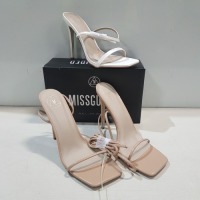 15 X MIXED MISSGUIDED WOMENS SHOES CONTAINING POINTED TOE PERSPEX STILETTO IN NUDE , BLOCK HEEL TIE UP HEELED SANDAL IN CREAM , SQUARE TOE HIGH HEEL TIE UP SANDAL IN SAND , WF BARELY THERE SQUARE TOE HIGH HEEL IN WHITE ETC ALL IN SIZE 6 (NOTE - SOME HAVE 