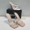15 X MIXED MISSGUIDED WOMENS SHOES CONTAINING POINTED TOE PERSPEX STILETTO IN NUDE , BLOCK HEEL TIE UP HEELED SANDAL IN CREAM , SQUARE TOE HIGH HEEL TIE UP SANDAL IN SAND , WF BARELY THERE SQUARE TOE HIGH HEEL IN WHITE ETC ALL IN SIZE 6 (NOTE - SOME HAVE 