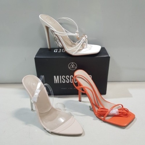15 X MIXED MISSGUIDED WOMENS SHOES CONTAINING HIGH HEEL BLOCK BARELY THERE SANDAL IN WHITE, POINTED TOE PERSPEX STILETTO IN NUDE , STRAPPY RING DETAIL HEELED SANDAL WHITE , SQUARE TOE TIE UP HEELED SANDAL ORANGE ETC ALL IN SIZE 6 (NOTE - SOME HAVE SECURI