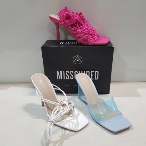 15 X MIXED MISSGUIDED WOMENS SHOES CONTAINING CROCHET TIE UP HEELED SANDAL IN HOT PINK, PERSPEX SQUARE TOE WEDGE HEEL IN BLUE, STRAPPY RING DETAIL HEELED SANDAL IN WHITE , SQUARE TOE HIGH HEEL TIE UP SQUARE AND BLACK ETC ALL IN SIZE 6 (NOTE - SOME HAVE SE