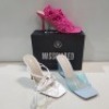 15 X MIXED MISSGUIDED WOMENS SHOES CONTAINING CROCHET TIE UP HEELED SANDAL IN HOT PINK, PERSPEX SQUARE TOE WEDGE HEEL IN BLUE, STRAPPY RING DETAIL HEELED SANDAL IN WHITE , SQUARE TOE HIGH HEEL TIE UP SQUARE AND BLACK ETC ALL IN SIZE 6 (NOTE - SOME HAVE SE