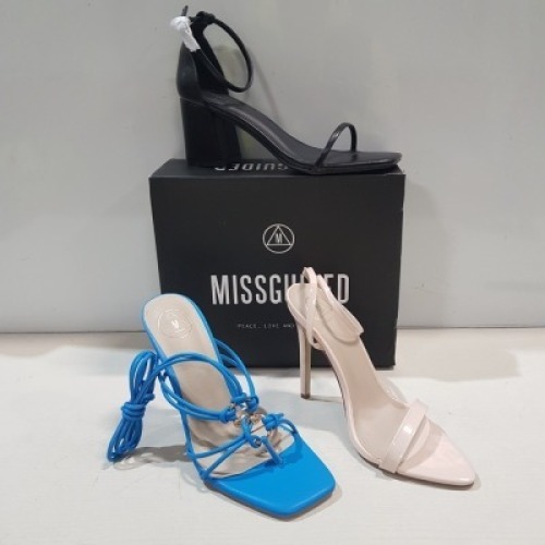 15 X MIXED MISSGUIDED WOMENS SHOES CONTAINING STRAPPY RING DETAIL HEELED SANDAL IN BLUE, BLOCK HEEL TIE UP SANDAL IN BLACK , MID HEEL BLOCK BARELY THERE FAUX LEATHER IN BLACK , POINTED TOE PATENT BARELY THERE NUDE ETC ALL IN SIZE 6 (NOTE - SOME HAVE SECU