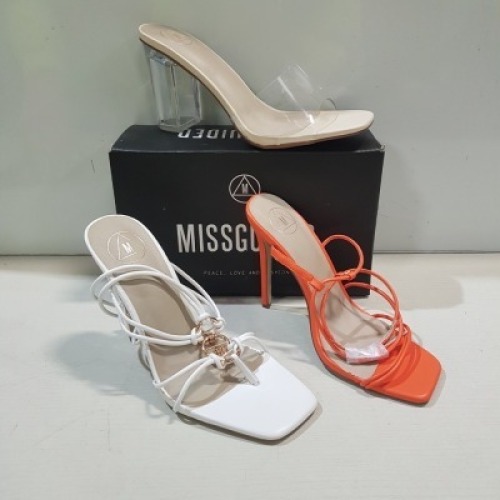 15 X MIXED MISSGUIDED WOMENS SHOES CONTAINING SATIN BARELY THERE HIGH HEEL IN PINK, STRAPPY RING DETAIL HEELED SANDAL IN WHITE, ASSYM STRAPPY HEELED SANDAL IN ORANGE , WIDE FIT MID CLEAR HEEL BLOCK IN NUDE ETC ALL IN SIZE 6 (NOTE - SOME HAVE SECURITY TA