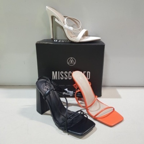 15 X MIXED MISSGUIDED WOMENS SHOES CONTAINING PATENT POINTED TOE HEELED SANDAL IN WHITE, SQUARE TOE TIE UP HEELED SANDAL IN ORANGE , MID HEEL BLOCK BARELY THERE FAUX LEATHER IN BLACK , BLOCK HEEL TIE UP SANDAL IN BLACK ETC ALL IN SIZE 6 (NOTE - SOME HAVE