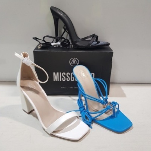 15 X MIXED MISSGUIDED WOMENS SHOES CONTAINING STRAPPY RING DETAIL HEELED SANDAL IN BLUE, SQUARE TOE BLOCK HEEL MULE SANDAL IN BLACK , HIGH HEEL BLOCK BARELY THERE SANDAL IN WHITE , POINTED TOE LACE UP BARELY THERE SATIN IN BLACK ETC ALL IN SIZE 5 (NOTE -