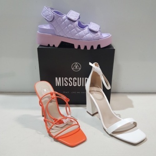 15 X MIXED MISSGUIDED WOMENS SHOES CONTAINING HIGH HEEL BARELY THERE SANDAL IN WHITE, QUILTED GRANDAD SANDAL IN LILAC , ASSYM STRAPPY HEELED SANDAL IN ORANGE ETC ALL IN SIZE 5 (NOTE - SOME HAVE SECURITY TAGS)