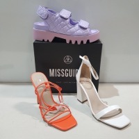 15 X MIXED MISSGUIDED WOMENS SHOES CONTAINING HIGH HEEL BARELY THERE SANDAL IN WHITE, QUILTED GRANDAD SANDAL IN LILAC , ASSYM STRAPPY HEELED SANDAL IN ORANGE ETC ALL IN SIZE 5 (NOTE - SOME HAVE SECURITY TAGS)