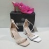 15 X MIXED MISSGUIDED WOMENS SHOES CONTAINING HIGH HEEL BLOCK BARELY THERE SANDAL IN WHITE , WF HIGH HEEL BLOCK BARELY THERE SANDAL IN SAND, CROCHET TIE UP HEELED SANDAL IN HOT PINK , ASSYM STRAPPY HEELED SANDAL IN ORANGE ETC ALL IN SIZE 5 (NOTE - SOME H