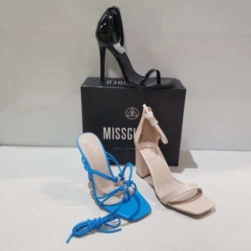 15 X MIXED MISSGUIDED WOMENS SHOES CONTAINING WF HIGH HEEL BLOCK BARELY THERE SANDALS IN SAND , STRAPPY RING DETAIL HEELED SANDALS IN BLUE , SQUARE TOE PATENT HEELED SANDAL IN BLACK ETC ALL IN SIZE 5 (NOTE - SOME HAVE SECURITY TAGS)