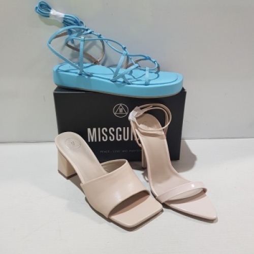 15 X MIXED MISSGUIDED WOMENS SHOES CONTAINING POINTED TOE PATENT BARELY THERE IN NUDE, WF SQUARE TOE BLOCK HEEL MULE SANDALS IN SAND , CHUNKY FLATFORM GLADIATOR SANDAL IN BLUE , SQUARE TOE PATENT HEELED SANDAL IN BLACK ETC ALL IN SIZE 5 (NOTE - SOME HAVE