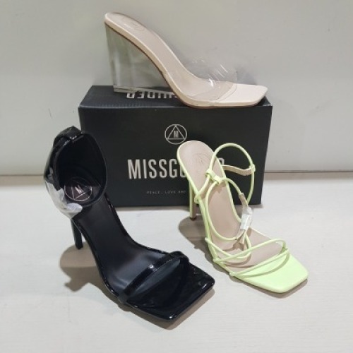 15 X MIXED MISSGUIDED WOMENS SHOES CONTAINING ASSYM STRAPPY HEELED SANDAL IN LIME, SQUARE TOE PATENT HEELED SANDAL IN BLACK , POINTED TOE LACE UP BARELY THERE SATIN IN BLACK , ENTRY BLOCK HEELED SANDAL IN BLACK ETC ALL IN SIZE 5 (NOTE - SOME HAVE SECURIT