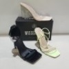 15 X MIXED MISSGUIDED WOMENS SHOES CONTAINING ASSYM STRAPPY HEELED SANDAL IN LIME, SQUARE TOE PATENT HEELED SANDAL IN BLACK , POINTED TOE LACE UP BARELY THERE SATIN IN BLACK , ENTRY BLOCK HEELED SANDAL IN BLACK ETC ALL IN SIZE 5 (NOTE - SOME HAVE SECURIT