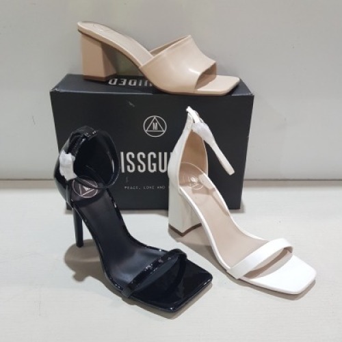15 X MIXED MISSGUIDED WOMENS SHOES CONTAINING SQUARE TOE PATENT HEELED SANDAL IN BLACK, BASIC BARELY THERE IN BLACK , WF SQUARE TOE BLOCK HELL MULE SANDALS IN SAND , BLOCK HEEL TIE UP HEELED SANDAL IN BLACK ETC ALL IN SIZE 5 (NOTE - SOME HAVE SECURITY TA