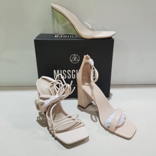 15 X MIXED MISSGUIDED WOMENS SHOES CONTAINING SQUARE TOE HIGH HEEL TIE UP SANDAL IN SAND, BLOCK HEEL TIE UP SANDALS IN CREAM , HIGH HEEL BLOCK BARELY THERE SANDAL IN SAND , PERSPEX SQUARE TOE WEDGE HEEL IN NUDE ETC ALL IN SIZE 5 (NOTE - SOME HAVE SECURIT