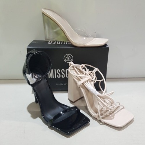 15 X MIXED MISSGUIDED WOMENS SHOES CONTAINING PERSPEX SQUARE TOE WEDGE HEEL IN NUDE, SQUARE TOE PATENT HEELED SANDAL IN BLACK , BLOCK HEEL TIE UP SANDAL IN CREAM ALL IN SIZE 5 (NOTE - SOME HAVE SECURITY TAGS)