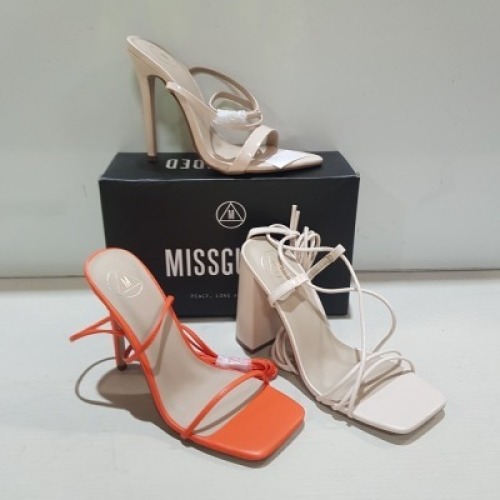 15 X MIXED MISSGUIDED WOMENS SHOES CONTAINING BLOCK HEEL TIE UP SANDALS IN CREAM, SQUARE TOE TIE UP HEELED SANDAL IN ORANGE , POINTED TOE PATENT BARELY THERE IN NUDE , PERSPEX SQUARE TOE WEDGE HEEL IN NUDE ETC ALL IN SIZE 5 (NOTE - SOME HAVE SECURITY TAG
