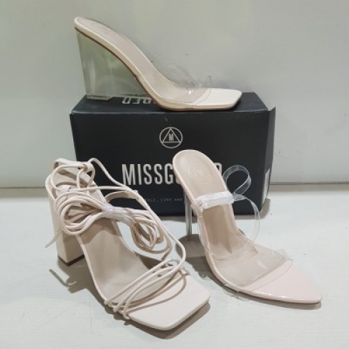 15 X MIXED MISSGUIDED WOMENS SHOES CONTAINING PERSPEX SQUARE TOE WEDGE HEEL IN NUDE, POINTED TOE PERSPEX STILETTO IN NUDE , BLOCK HEEL TIE UP SANDALS IN CREAM , ETC ALL IN SIZE 5 (NOTE - SOME HAVE SECURITY TAGS)