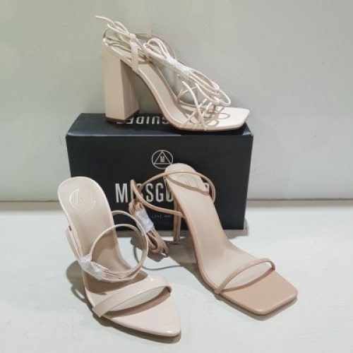 15 X MIXED MISSGUIDED WOMENS SHOES CONTAINING SQUARE TOE HIGH HEEL TIE UP SANDALS IN SAND, POINTED TOE PATENT BARELY THERE IN NUDE , BLOCK HEEL TIE UP HEELED SANDALS IN CREAM , PERSPEX SQUARE TOE WEDGE HEEL IN NUDE ETC ALL IN SIZE 5 (NOTE - SOME HAVE SE