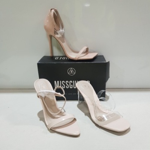 15 X MIXED MISSGUIDED WOMENS SHOES CONTAINING MID ILLUSION HEEL CLEAR SANDALS IN CLEAR, POINTED TOE PATENT BARELY THERE IN NUDE , PERSPEX SQUARE TOE WEDGE HEEL IN NUDE , SQUARE TOE PATENT HEELED SANDAL IN SAND ETC ALL IN SIZE 5 (NOTE - SOME HAVE SECURITY