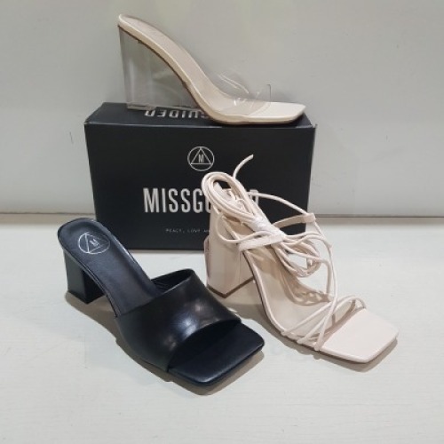 15 X MIXED MISSGUIDED WOMENS SHOES CONTAINING BLOCK HEEL TIE UP HEELED SANDAL IN CREAM , PERSPEX SQUARE TOE WEDGE HEEL IN NUDE , SQUARE TOE BLOCK HEEL MULE SANDAL IN BLACK , HIGH HEEL BLOCK BARELY THERE SANDALS IN WHITE ETC ALL IN SIZE 5 (NOTE - SOME HAVE