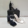 15 X MIXED MISSGUIDED WOMENS SHOES CONTAINING STRAPPY RING DETAIL HEELED SANDAL IN WHITE, ENTRY BLOCK HEELED SANDAL IN BLACK , BLOCK HEEL TIE UP SANDALS IN BLACK , SATIN BARELY THERE HIGH HEEL IN PINK ETC ALL IN SIZE 5 (NOTE - SOME HAVE SECURITY TAGS)