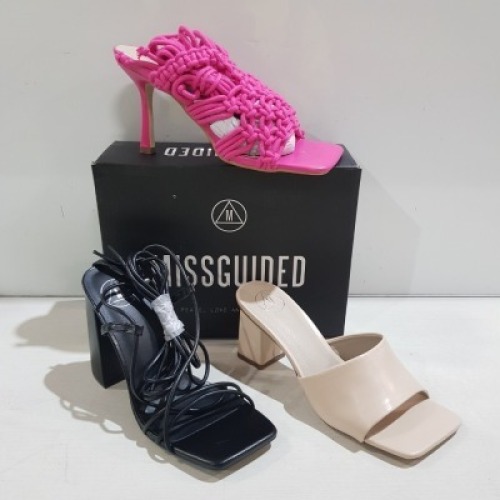 15 X MIXED MISSGUIDED WOMENS SHOES CONTAINING CROCHET TIE UP HEELED SANDAL IN HOT PINK, WF SQUARE TOE BLOCK HEEL MULE SANDAL IN SAND , BLOCK HEEL TIE UP HEELED SANDALS IN BLACK , WF BARELY THERE MID HEEL SANDALS IN WHITE ETC ALL IN SIZE 5 (NOTE - SOME HAV